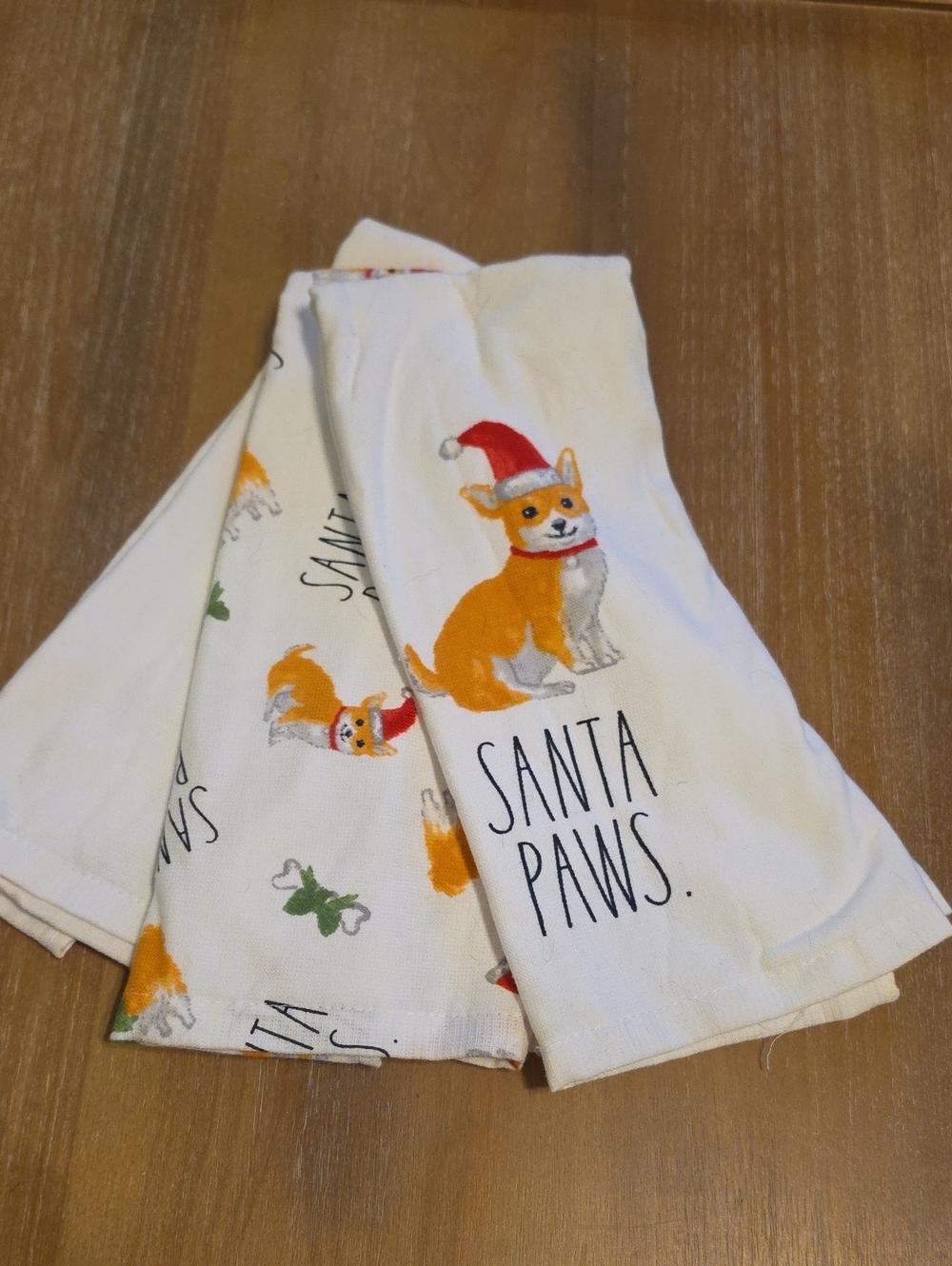 Rae Dunn White Kitchen Towels with Orange Corgi 'Santa Paws' Print NWT Set Of 3